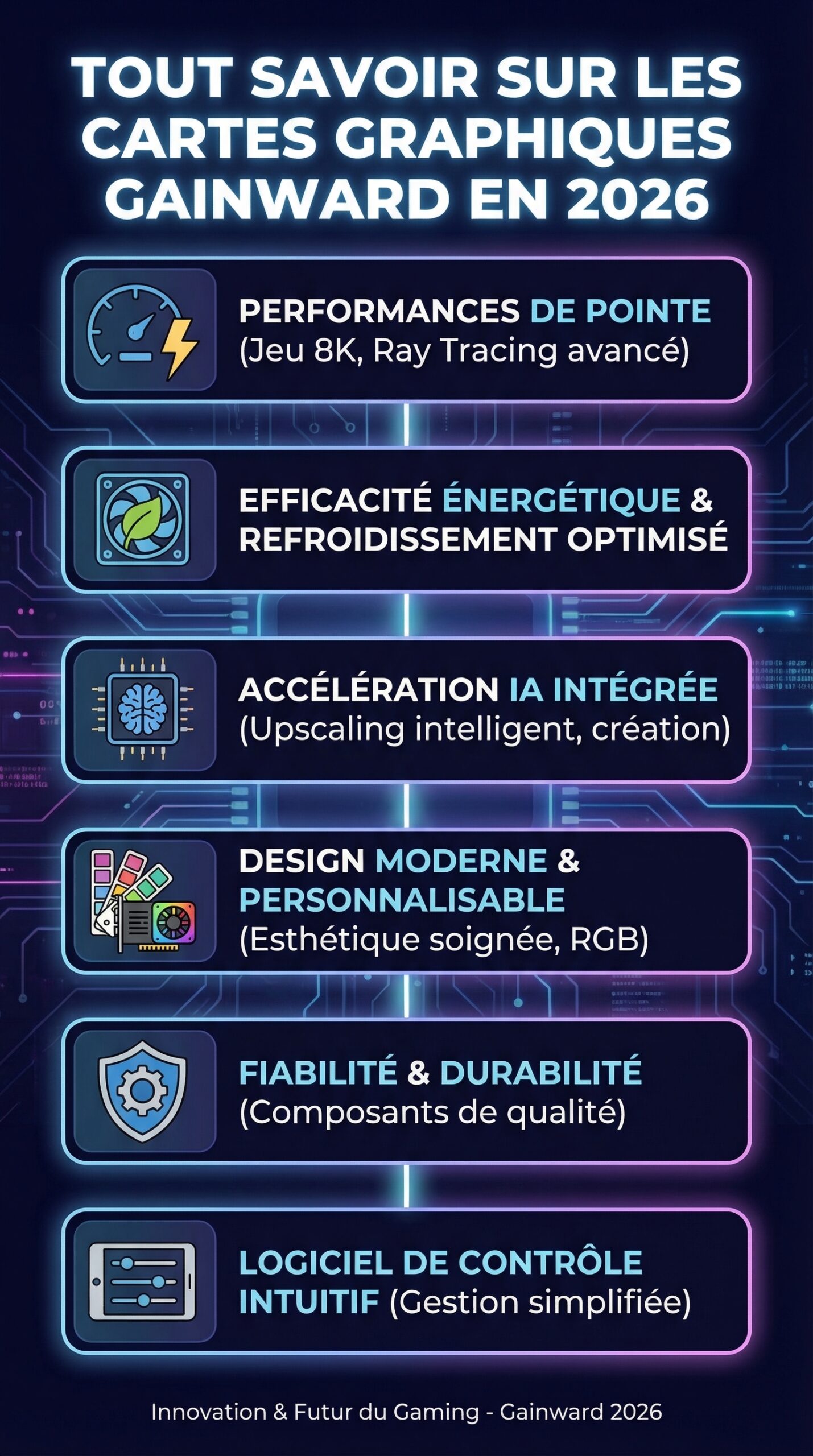Infographie récapitulative : Tout savoir sur les cartes graphiques gainward en 2026