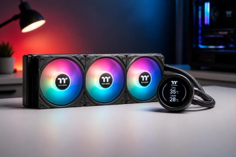 découvrez le thermaltake magcurve 360 ultra argb sync avec son écran oled innovant et son éclairage rgb personnalisable, conçu pour sublimer et personnaliser l'esthétique de votre pc.