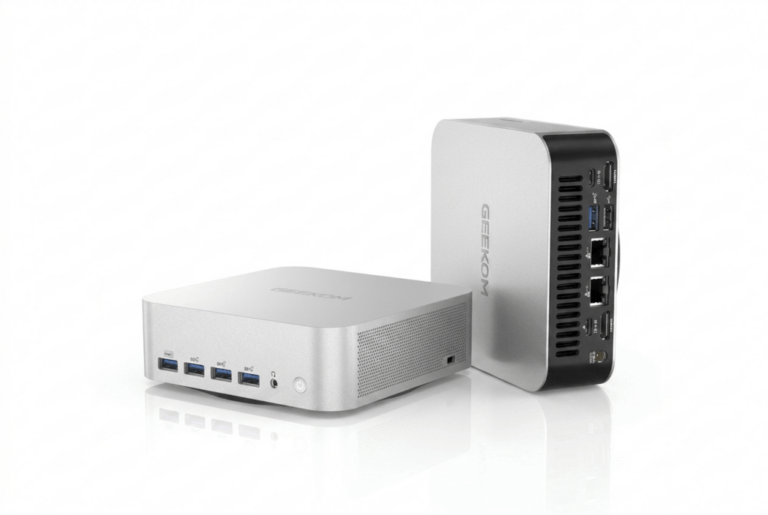 Mini PC GEEKOM A9 Max sur un bureau d'étudiant avec deux écrans